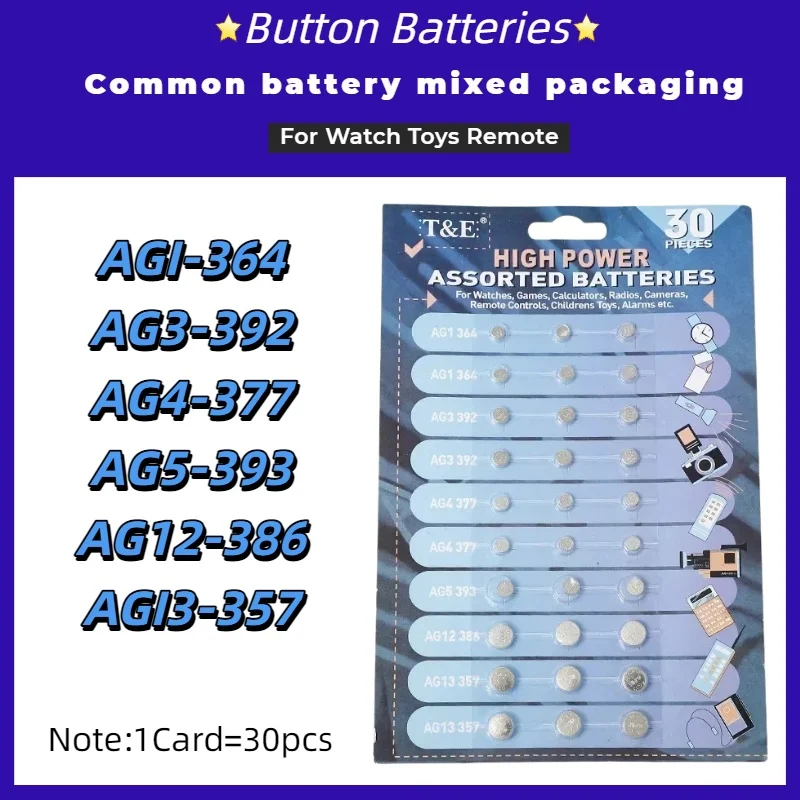 1.55V 30PCS AG13 Pila LR44 L AG1 AG3 AG4 AG10 AG12 SR44 Pilas de botón A76 LR1154 GP7 Pilas tipo botón para relojes, juguetes y mandos a distancia