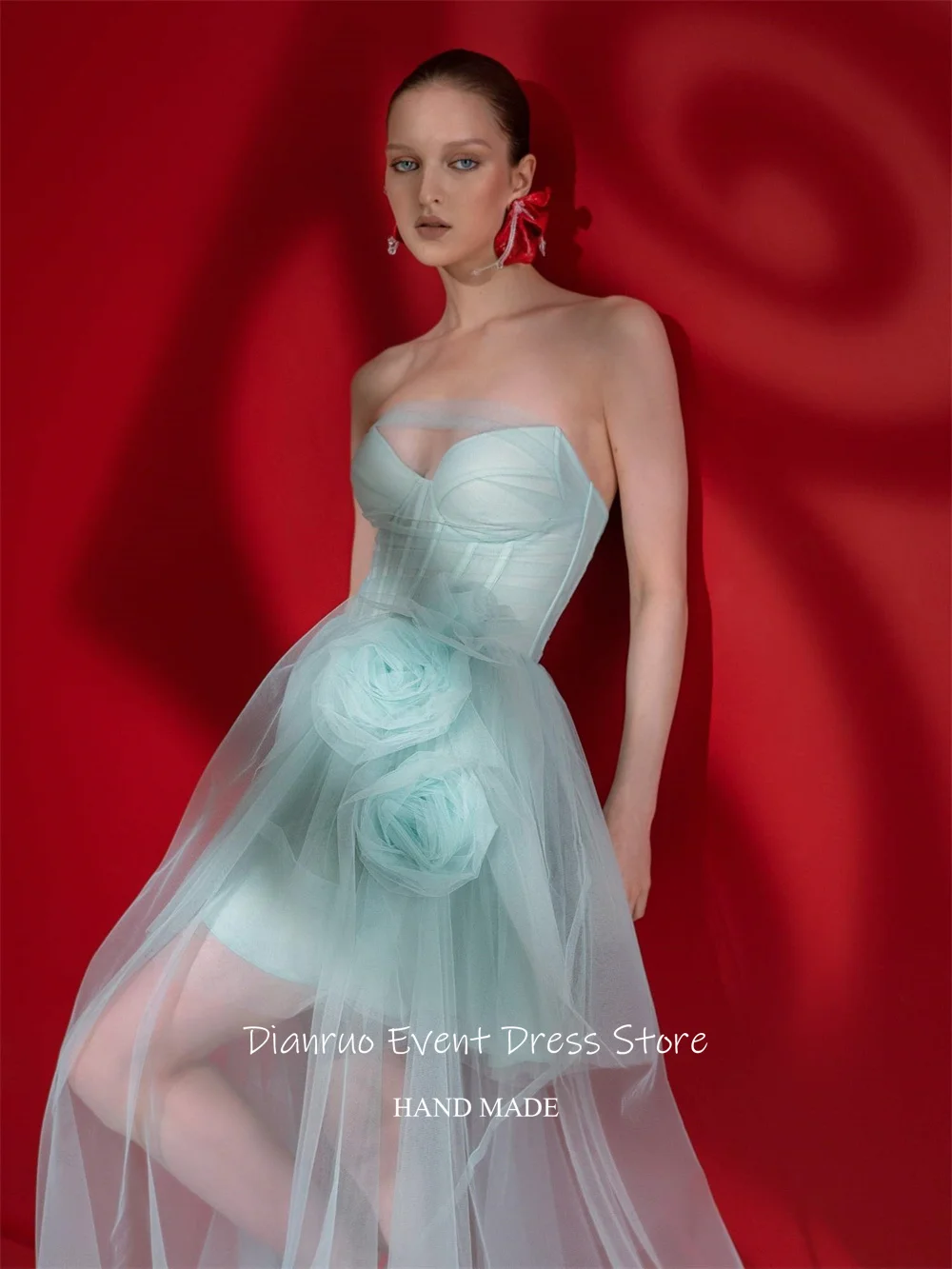 ชุดราตรีผ้าทูลล์ลายดอกไม้ 3 มิติ ดีไซน์ซีทรู สวยหวาน ทรงเอไลน์ คอวี สำหรับโอกาสพิเศษ  สามารถสั่งตัดได้