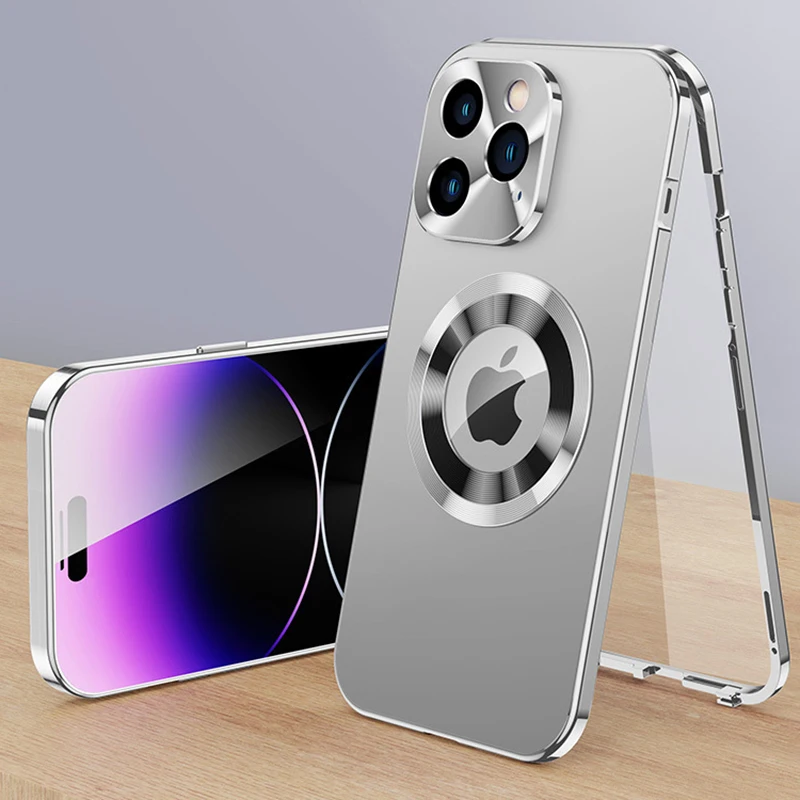 

Magnetic Metal Full Wrap Tempered Film Phone Case For Iphone 16 15 14 13 12 Pro Max Plu 16Pro Electroplated Frosted Phone Case