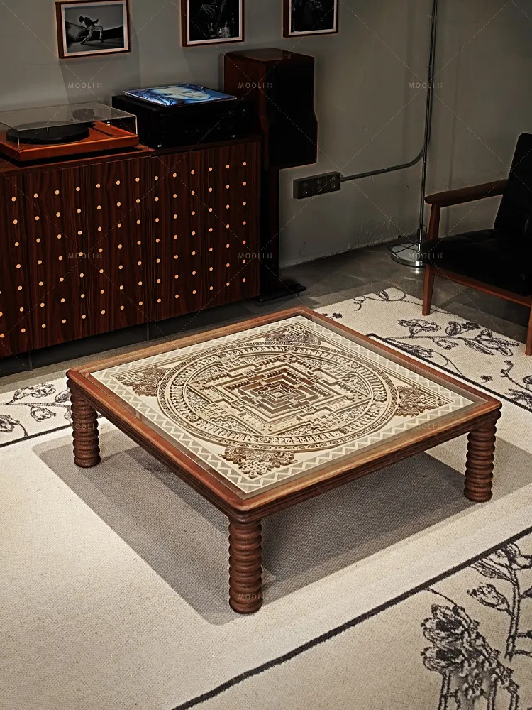Medieval style coffee table square solid wood living room household small apartment retro glass coffee table