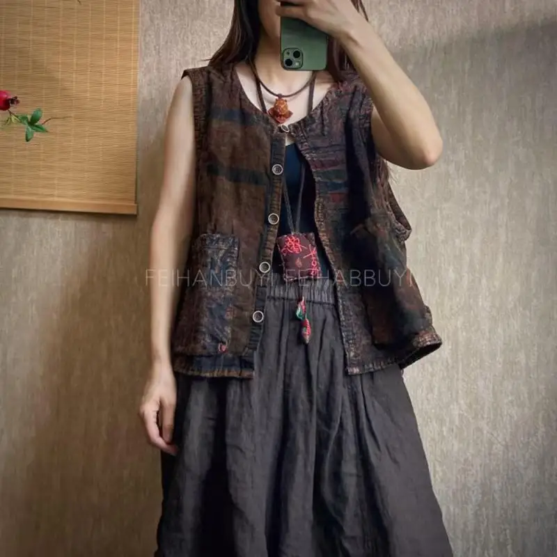 Spring Autumn Arts Style Women Single Breasted Sleeveless Short Coats Vintage Print Cotton Linen Loose Casual Vest High Quality