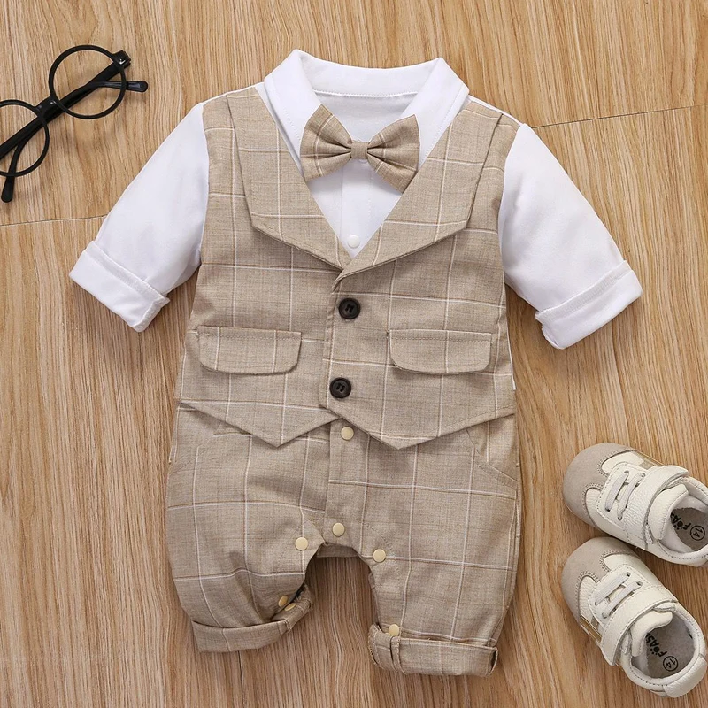 Newborn Formal Anniversary Dress Boy Vest Romper Infant Plaid Outfit Clothing 2Pieces Set Toddler Child Cotton Party Suit 3-24 M