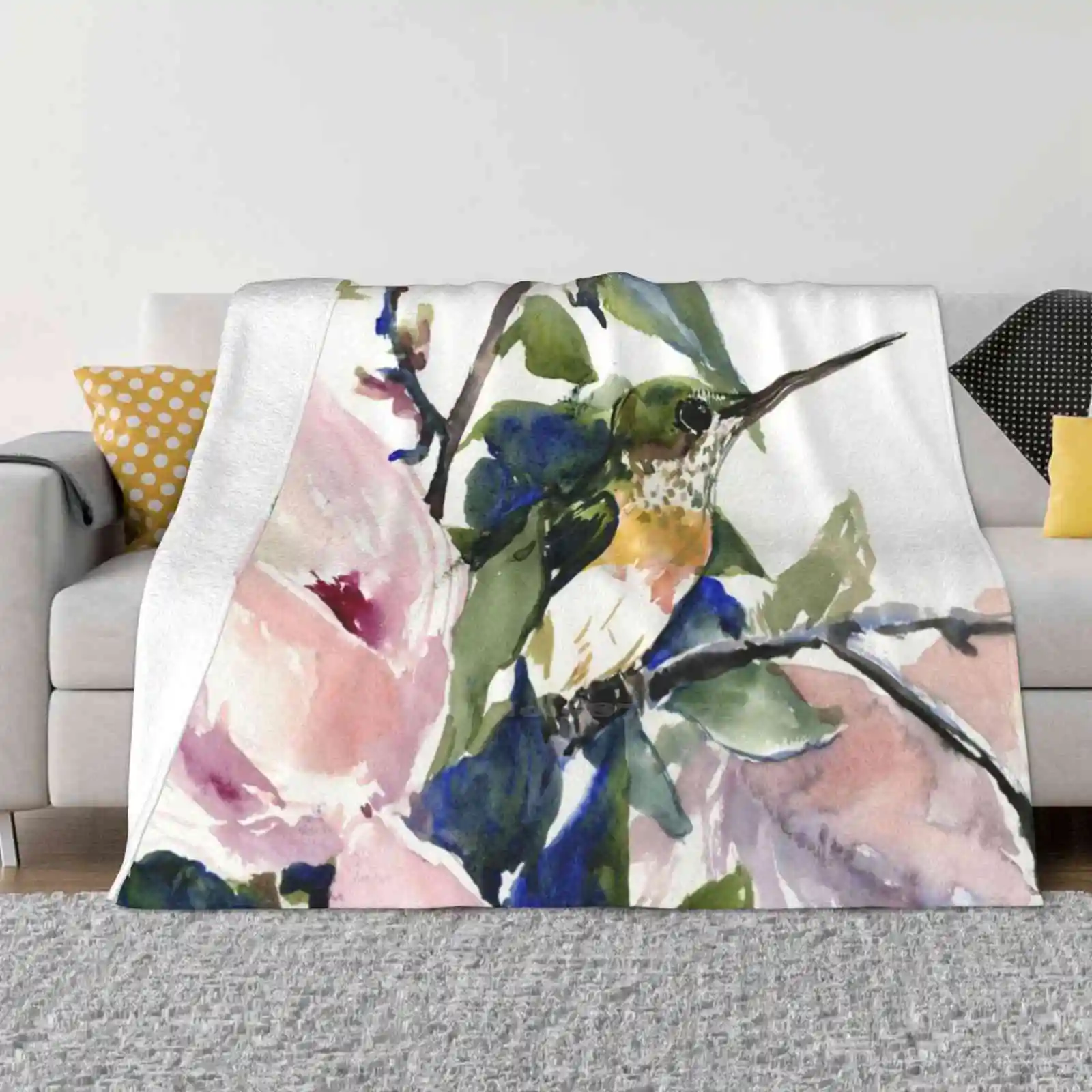 Hummingbird And Magnolia Flowers Fashion Soft Warm Flannel Blanket Hummingbirds Magnolia Birds And Flowers Pink Green Olive