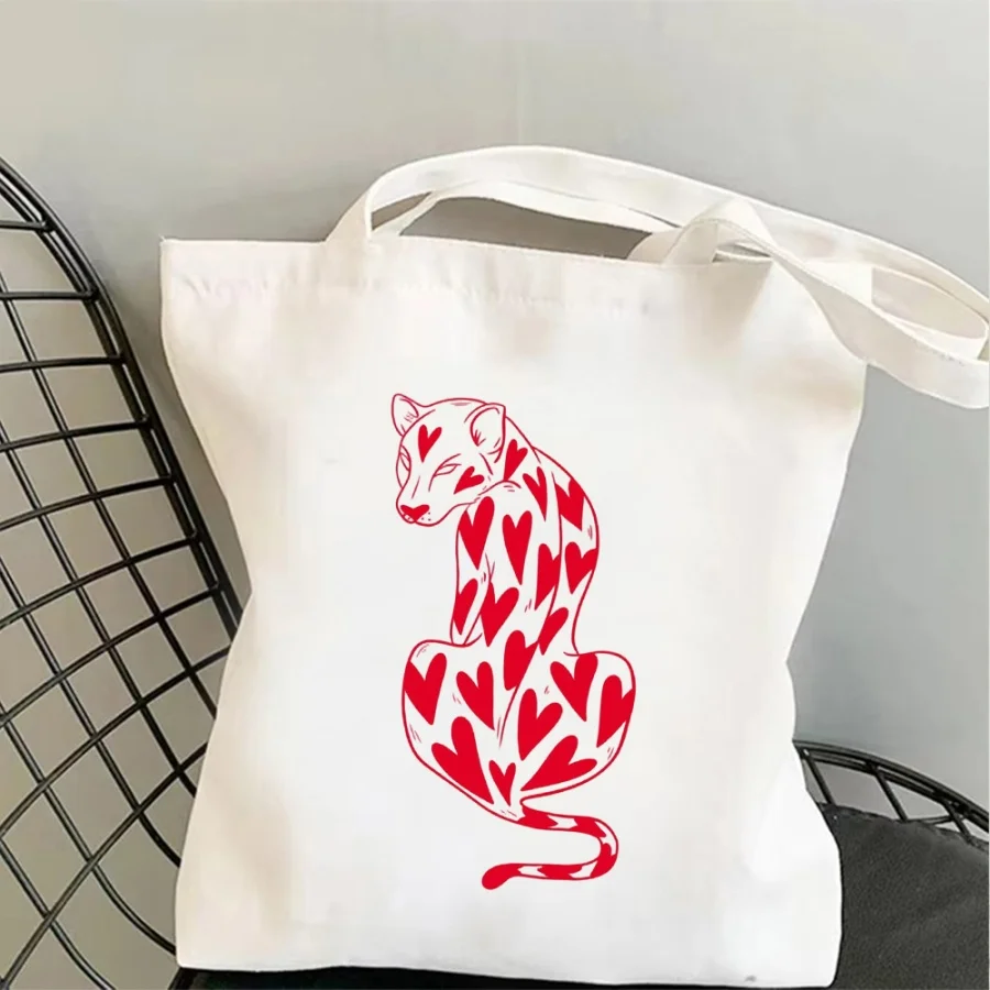 Sweet Cool Vibe Canvas Tote Bag Red Heart Leopard Graphic Large Capacity Daily Commute Essential For Women Girl Accessory Trendy