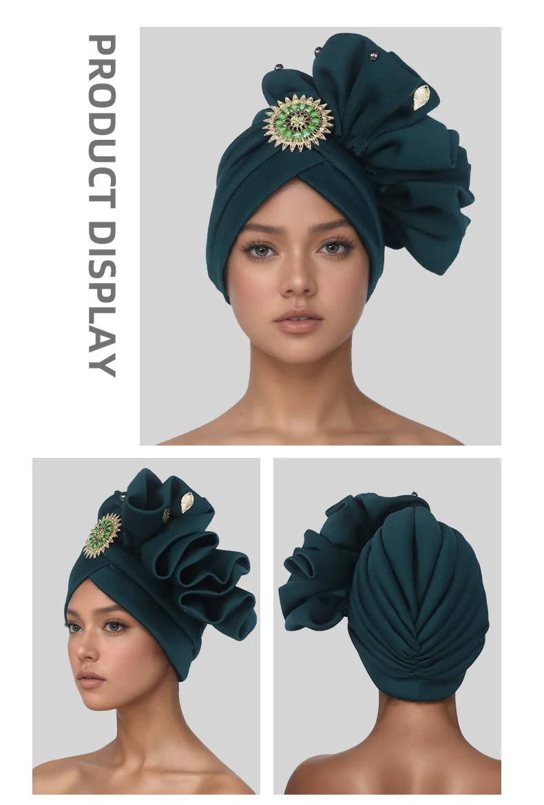 

2025 New Diamonds Turban Cap for Women Ruffled African Lady Head Wraps Nigeria Party Headpiece Female Headscarf Bonnet Head Tie