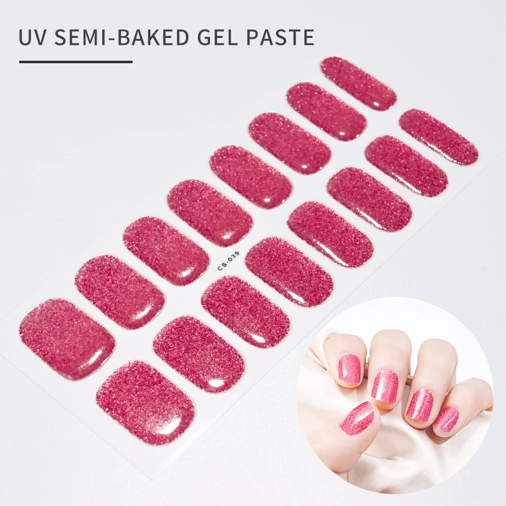 Brilhante Cor Sólida Semi-Percent Gel Nail Stickers, Impermeável, Firme, Não é fácil de cair, Semi-Sweet Dicas, Decalques UV Completos, 16 Pcs