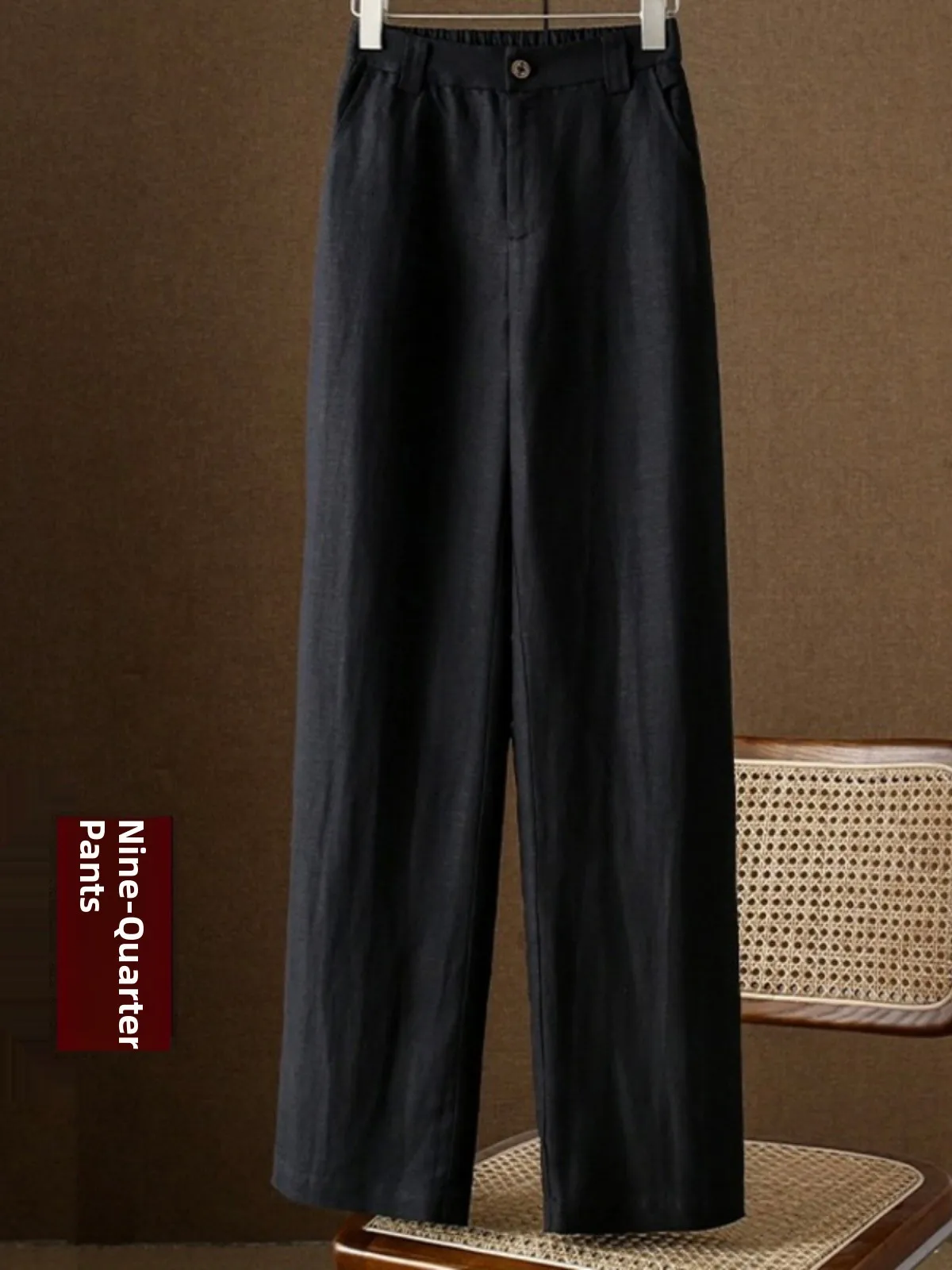 ارتفاع الخصر مستقيم الساق الكتان مزيج القطن السراويل النسائية الخريف رقيقة جديدة Sle ثنى واسعة الساق السراويل السراويل الطويلة غير رسمية