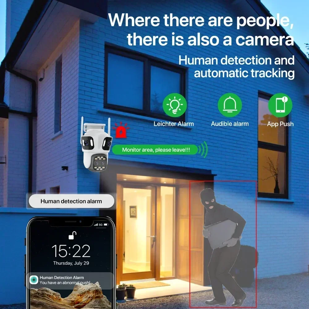 ICsee 16MP WiFi Security Camera Outdoor 4 Lens 4 View PTZ 355 Pan 90 Tilt Auto Tracking Full Color Night Vision Remote Access