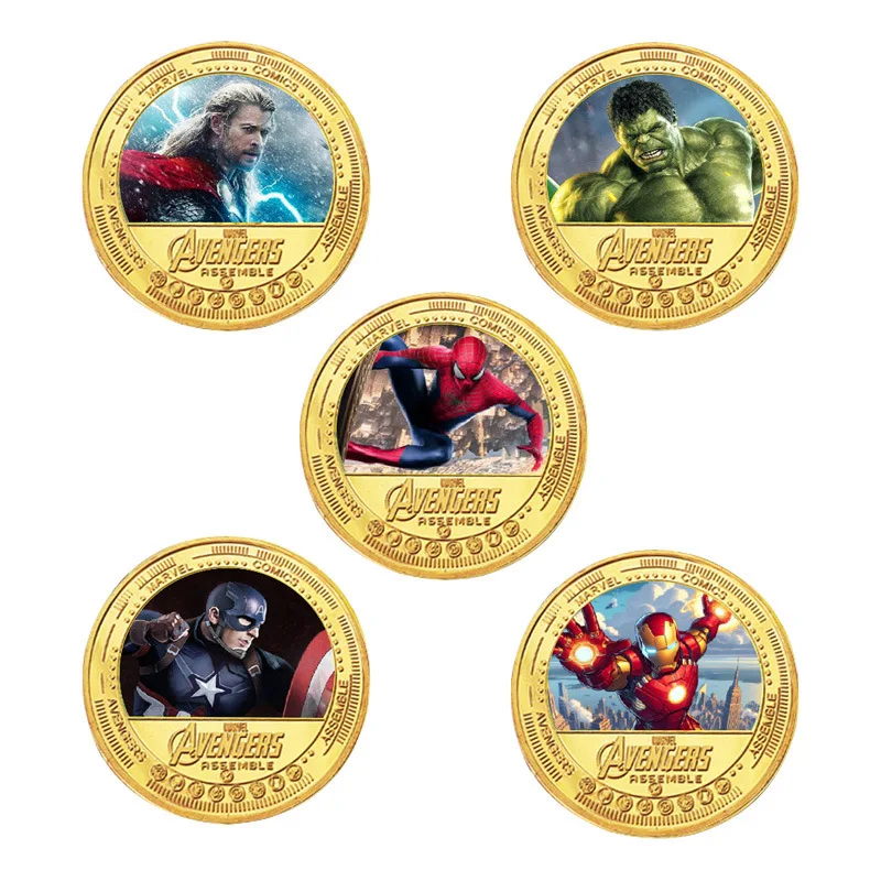 

Сувенирные монеты Marvel's The Avengers, фигурки героев, мультяшные персонажи: Железный человек, Халк, Тор, памятные монеты, подарок на день рождения или Рождество для детей
