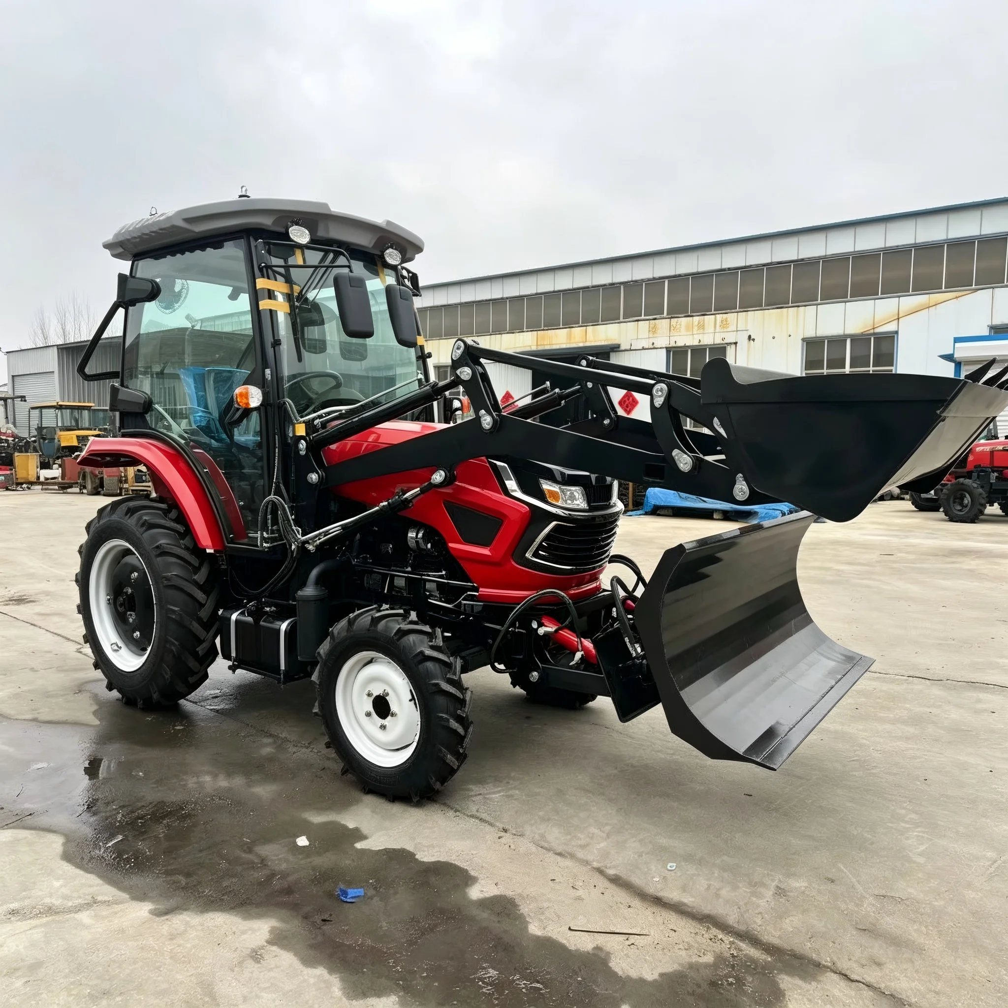 Compact 4WD Farm Tractor with Cabin, Front Loader & Plow, Multifunctional Machine for Farming and Snow Clearing