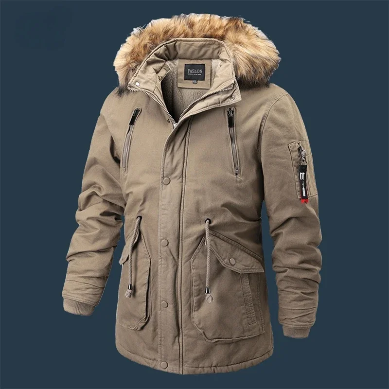 Men\'s Fashion Casual Outwear Winter New Mens Thicken Warm Fleece Parkas Windproof Hooded Fur Collar Parka Tactical Jackets Coat