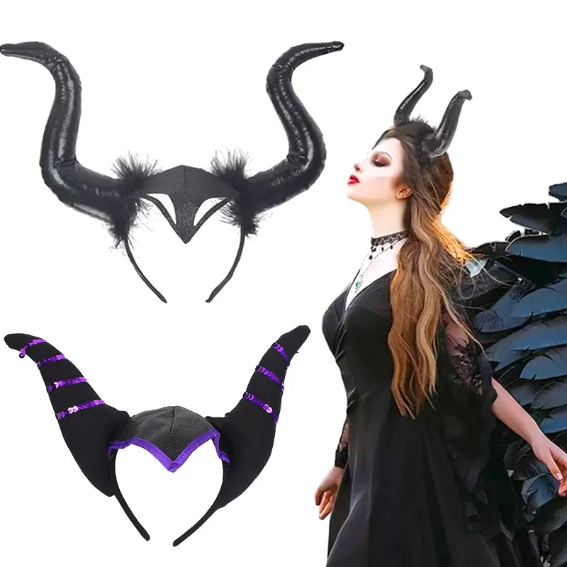 Queen/Women Demon Black Large Horn Tiara Hat Head Cover Maleficent Witch Headgear Movie Peripheral Halloween Cosplay Party Props