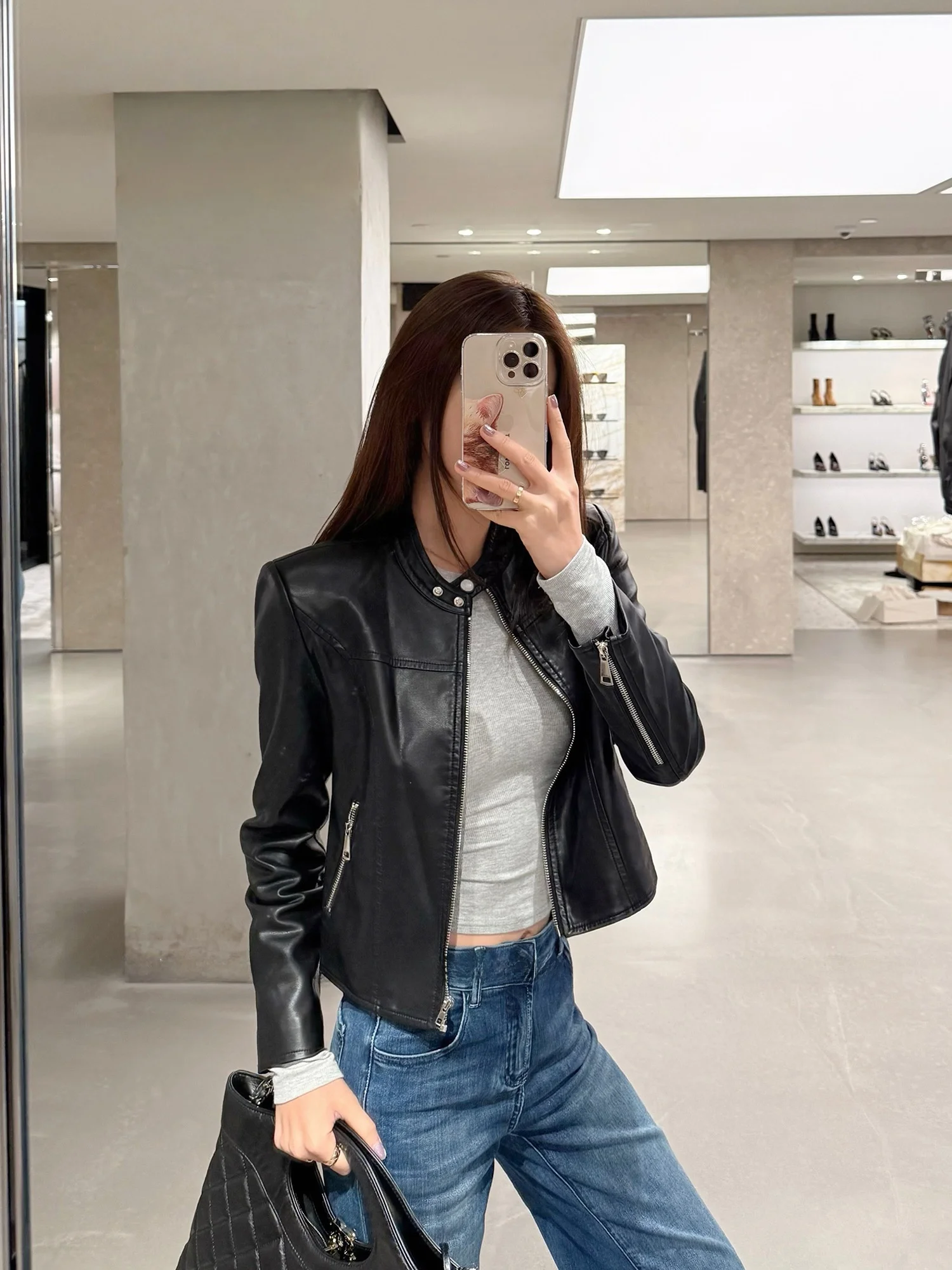 เสื้อแจ็คเก็ตหนัง PU สไตล์ไบค์เกอร์คลาสสิกสำหรับผู้หญิง ทรงเข้ารูป สไตล์เรโทร รุ่น MADE NOTHING 005 เหมาะสำหรับการเดินทางและแฟชั่น