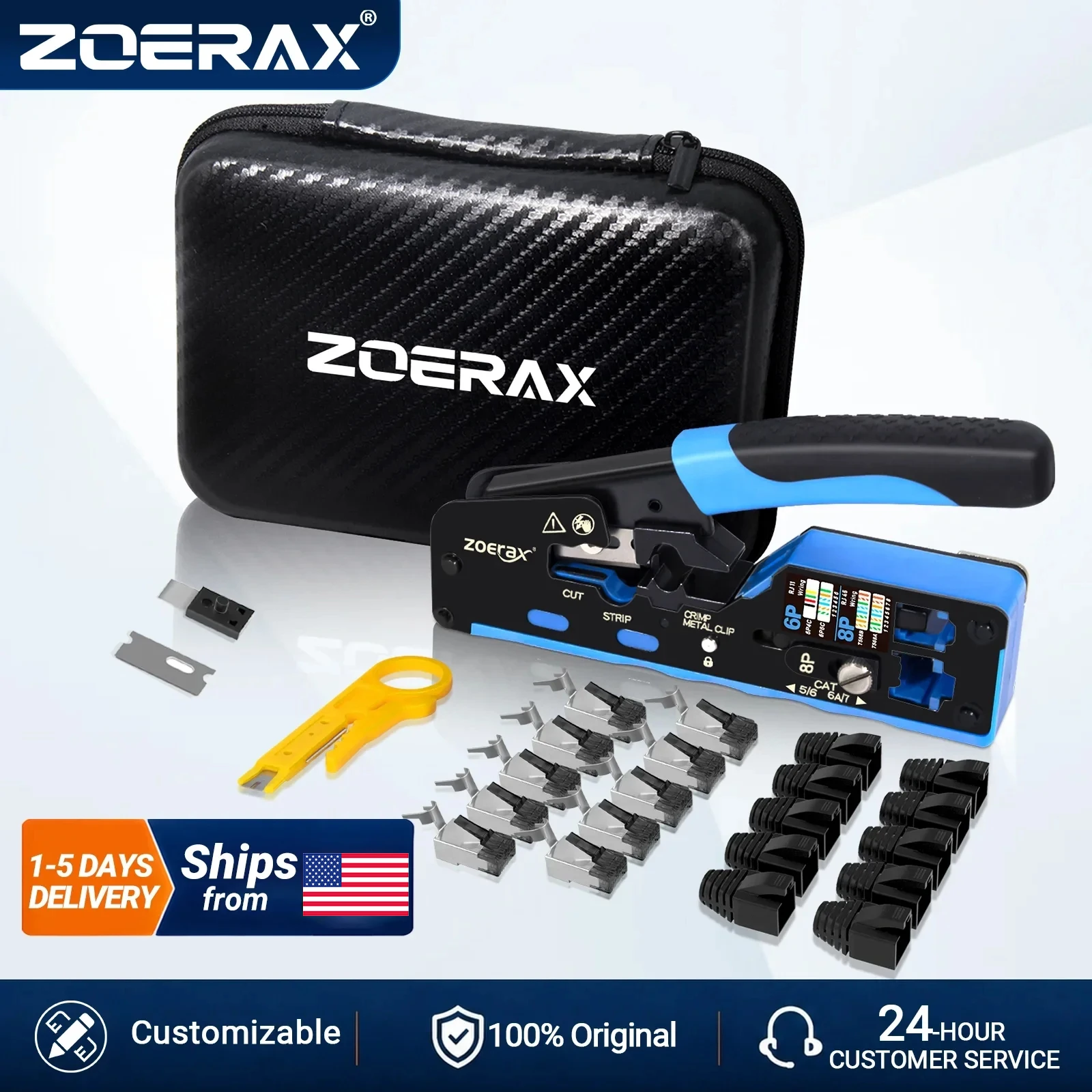 ZoeRax 5 in 1 RJ45 CAT7 CAT6A Network Tool Kit with Crimp Tool,Mini Wire Stripper,CAT7 Connectors,Strain Relief Boots and blades