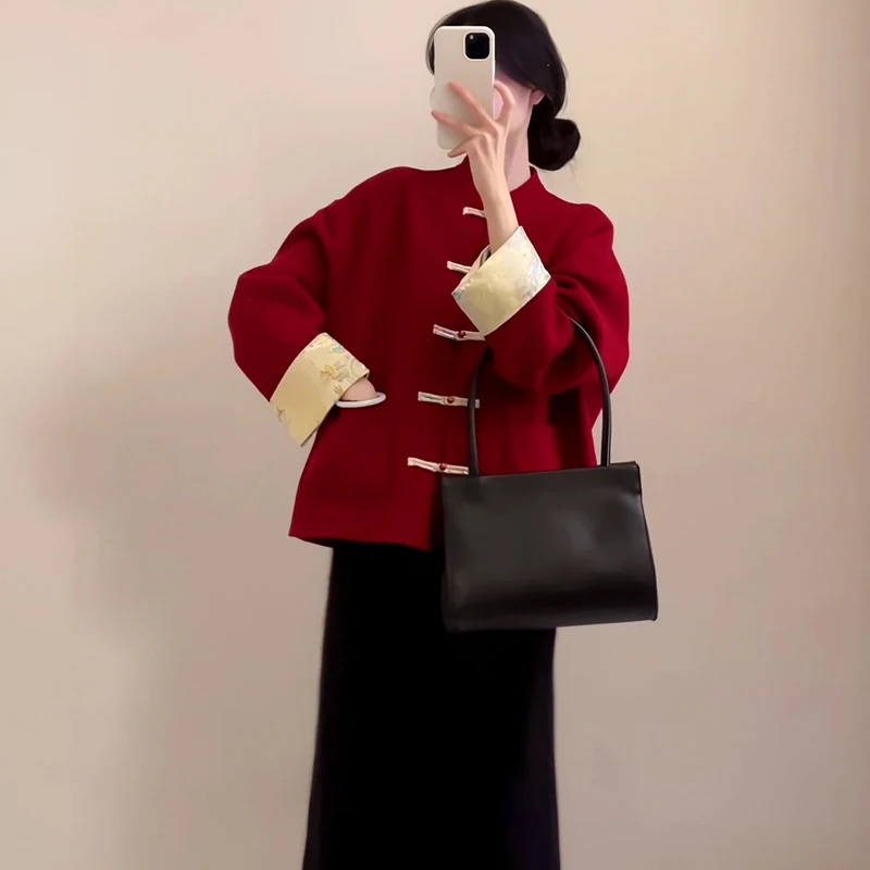 

Red New Chinese Sle Woolen Coat Top Women's Winter New Tang Suit New Year's Day Set Loose Fit Long Sve Button up Pure Color