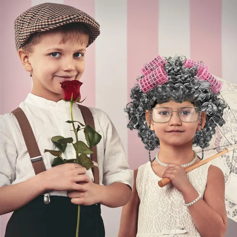 Costume da Vecchia Signora per Bambine, Costume per 100 Giorni di Scuola per Bambini, Parrucca da Vecchia Signora, Occhiali, Cappello, Collana, Braccialetto e Accessori
