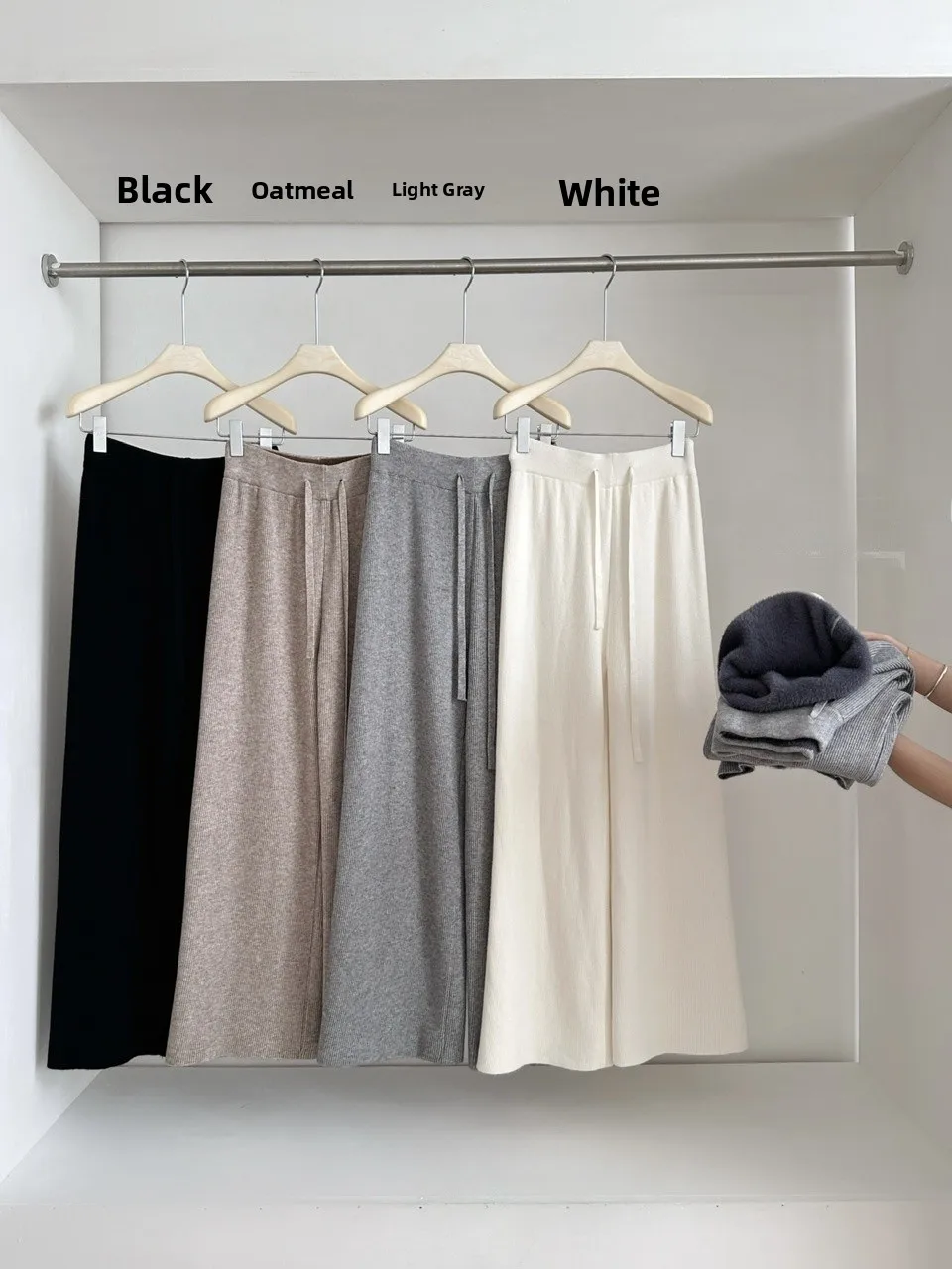 Fusi Verdickte, mit Fleece gefütterte, gestrickte, lässige Hose mit weitem Bein, gerader Schnitt, bodenlange Hose mit hoher Taille für Damen