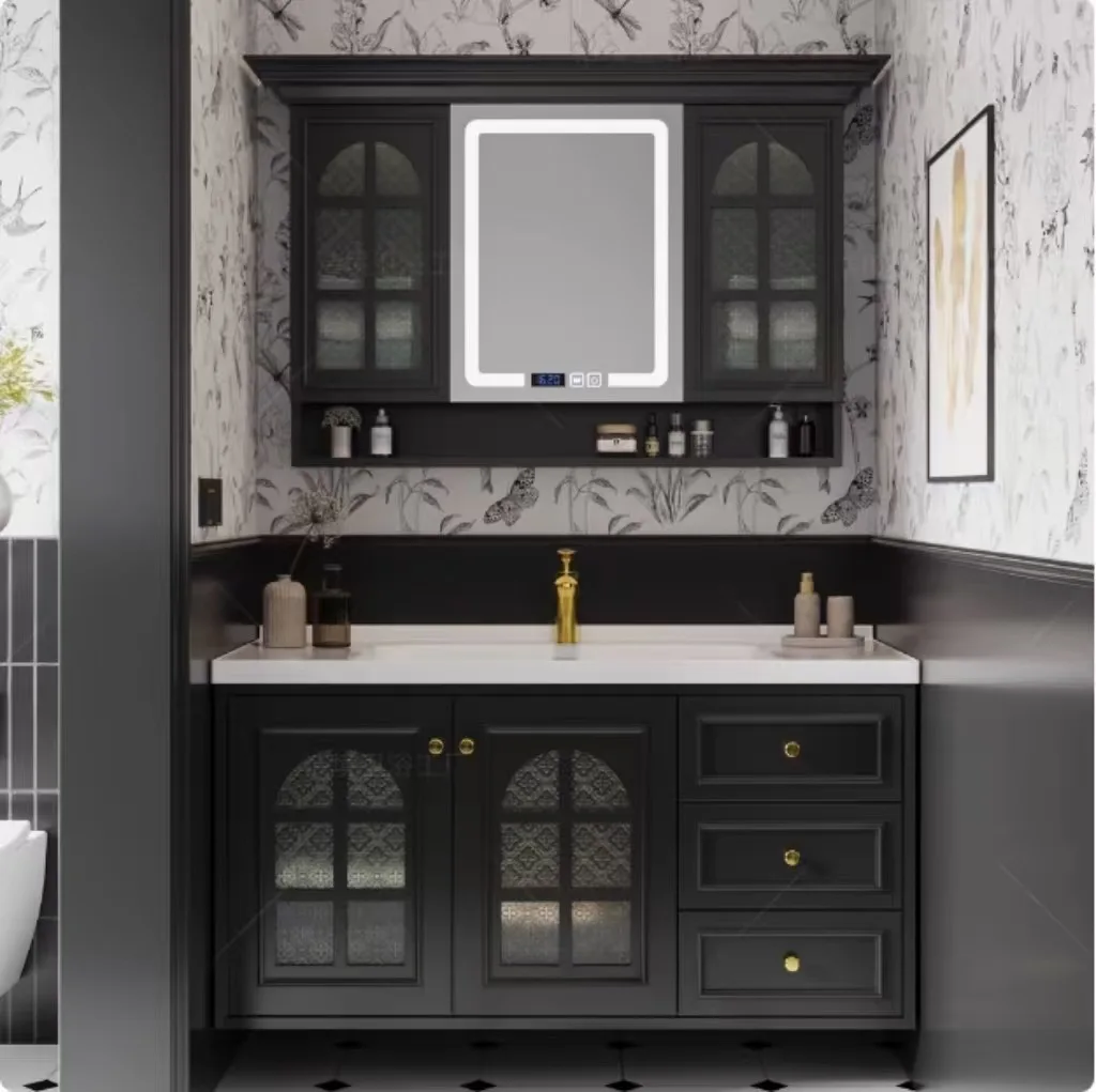 

Комбинированный шкаф для ванной комнаты во французском ретро-стиле, черный шкаф, умывальник, умный простой умывальник