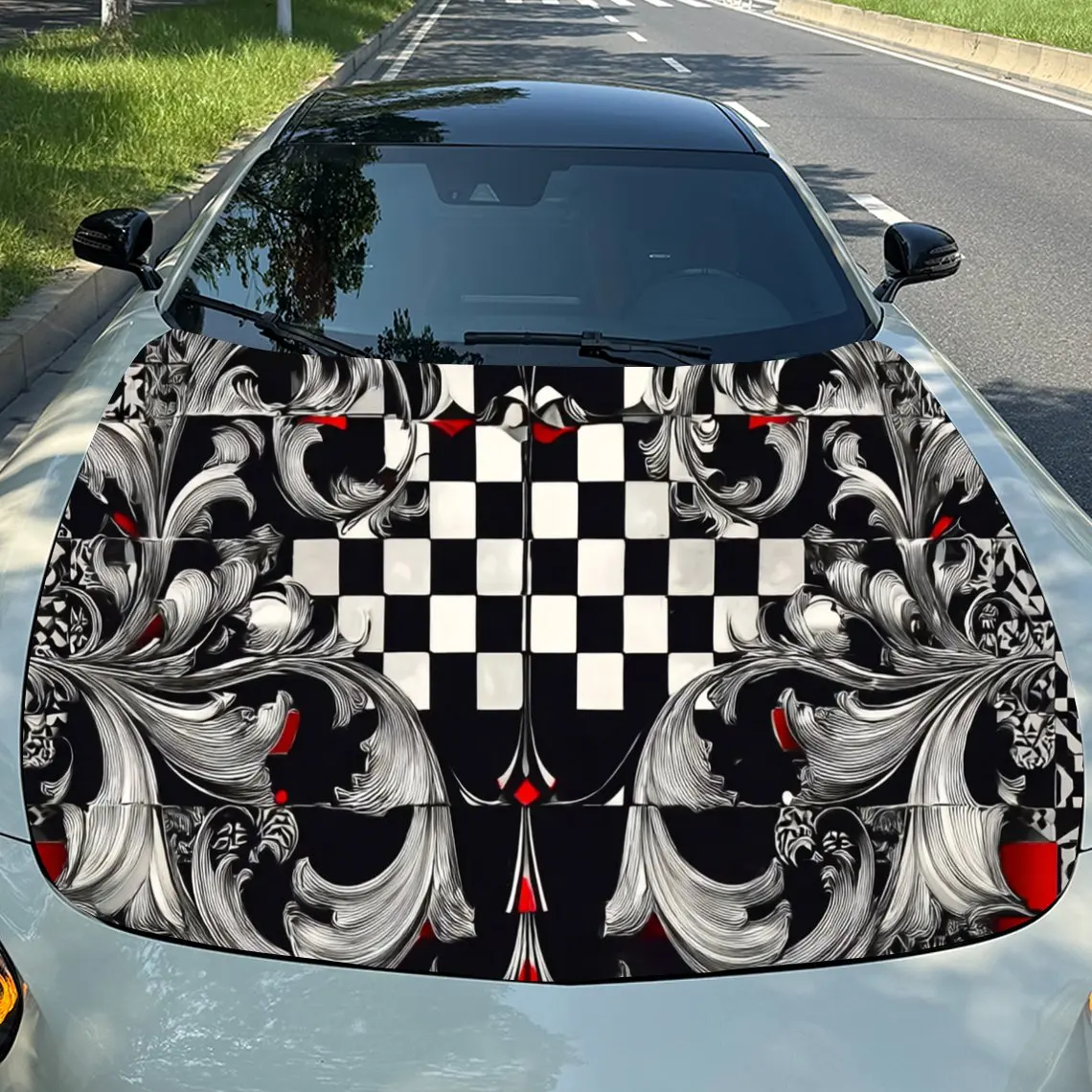 

Black And White Checkered Pattern Car Hood Sticker, Truck Pattern Decorative Film, Car Parts Gift, Suitable For All Vehicles, Mu