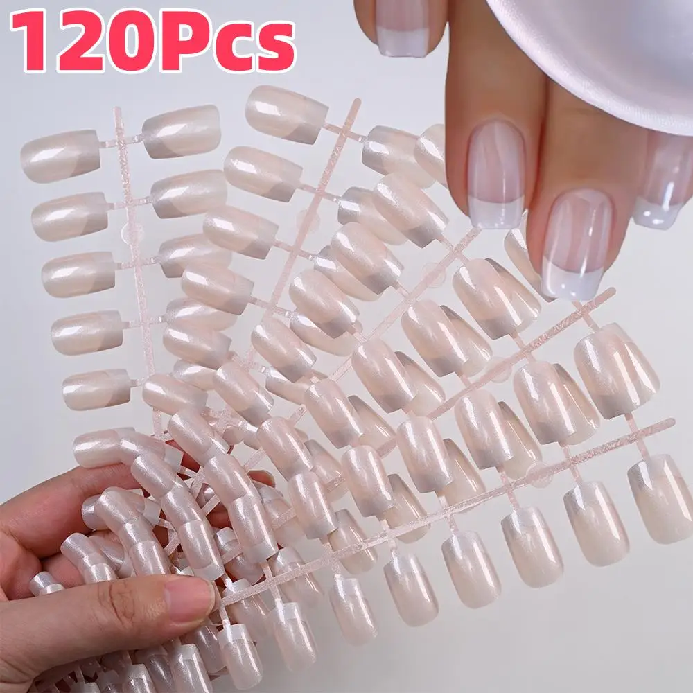 120 قطعة لامعة بيرليسسينت الفرنسية الأظافر وهمية 12 أحجام قصيرة مربع اضغط على الأظافر بسيطة Ins انفصال غطاء كامل أظافر صناعية نصائح #1