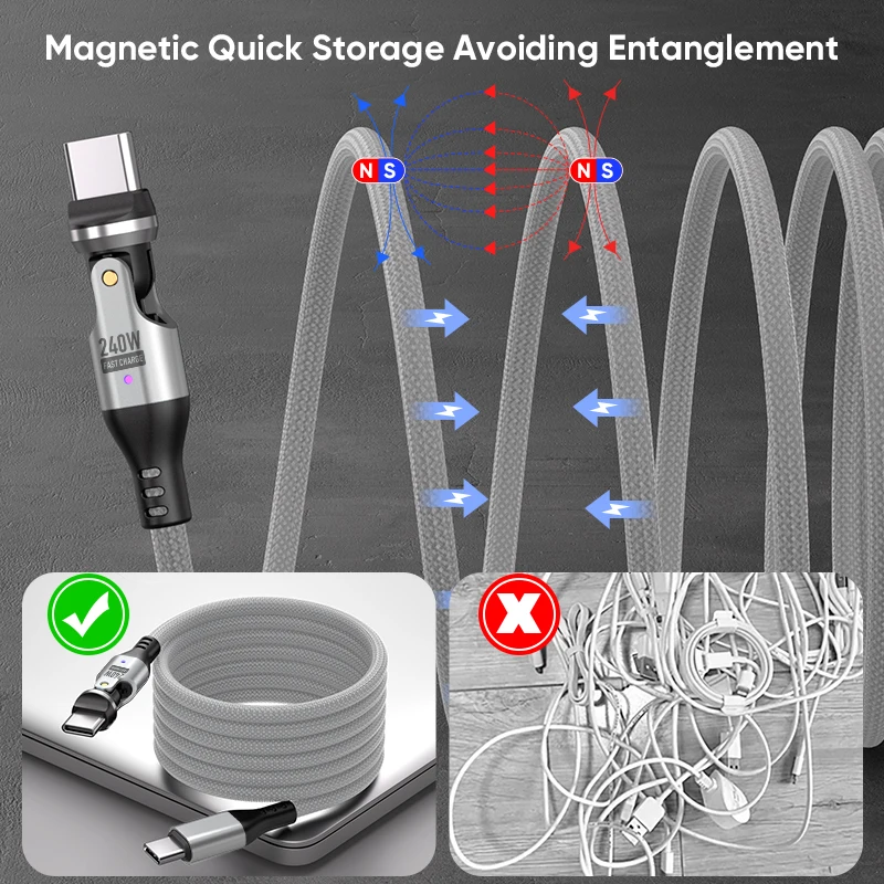 USB-C to USB-C 240W Mobile Phone Magnetic Storage Data Cable 5A Fast Charging 540 Degree Charger Type-C for iPhone15 16 Samsung