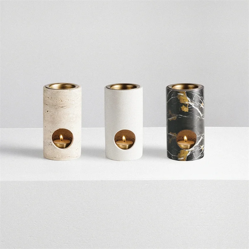 D7x14CM Turkish Beige Travertine Stone Cylinder Essential Oil Burner Essential Oil Diffuser with Metal Parts 1pcs