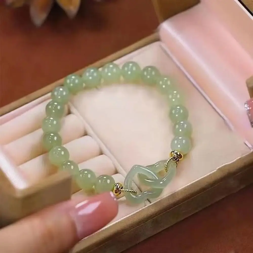 Heart Buckle Chalcedony Bead Bracelet Double Ring Design Fengshui Lucky Interlocking Bracelet Imitation Jade Bangle Jewelry