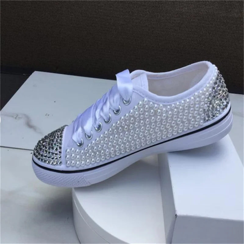 Personality design sense comprehensive rhinestone pearl fashion all matching shoes Canvas shoes Heavy industry comfortable banqu