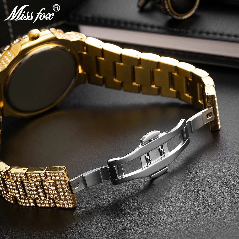 MISSFOX Iced Out Men Wristwatch Luxury Fashion Gold Quartz Watches Hip Hop High Quality Waterproof Male Diamond Clock New Gift