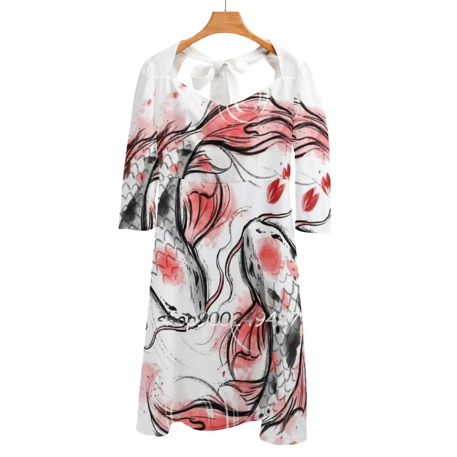 

Japanese Koi Sweetheart Knot Flared Dress Fashion Design Large Size Loose Dress Japanese Koi Fish Carpa Sketch Watercolor Japan