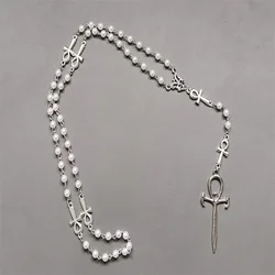 Handmade Pearl Ankh Rosary Occult Vamp Goth Ankh Beads Gothic Vampire Cross Necklace Victorian Cross Egyptian Jewelry Gift