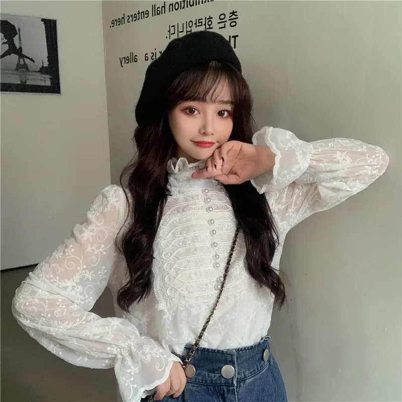 OCEANLOVE Lace Blusas Mujer Solid Stand Collar 2024 Spring Vintage Shirts Flare Sleeve Autumn Korean Style Women Blouses 19399