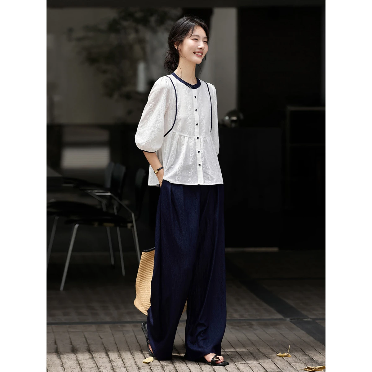 VIMLY Blus Putih Katun Wanita Elegan 2026 Atasan Wanita Muda Lengan Puff Tiga Perempat Jacquard Bordir Musim Semi Musim Panas A2922