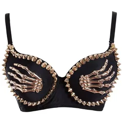 Gothic Metal Skeleton Claws Rivet Bralette Rock Style Tank Tops Nightclub Party Steampunk Push Up Bustier Bra Corset Cropped Top