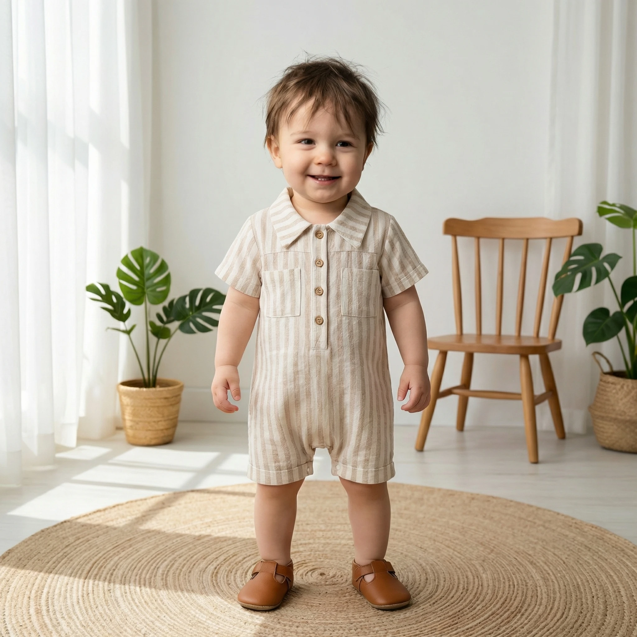 Neue Sommer-Babykleidung im koreanischen Stil für 0-2 Jahre, gestreifter Polo-Strampler für Jungen mit Brusttasche, Overall aus reiner Baumwolle mit Umlegekragen