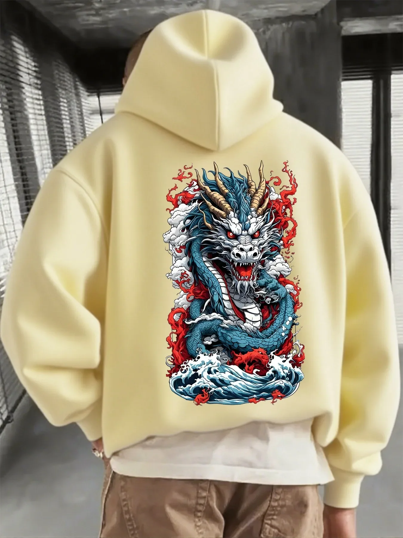 Men Oversized Hoodie Blue Chinese Dragon Flame Wave Front And Back Print Long Sleeve Streetwear Autumn Winter Pullover