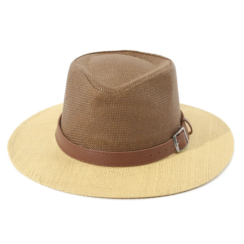 Women Color Block Wide Brim Jazz Straw Hat, Firm Five-point Crown Fine Weave Fedora Hat Summer Outdoor Sun Protection Travel Hat