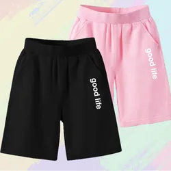 Summer Girls Letter Print Shorts Cotton Trousers Kids Beachwear with Pocket Children Loose Five Point Sweatpants 3-14Y