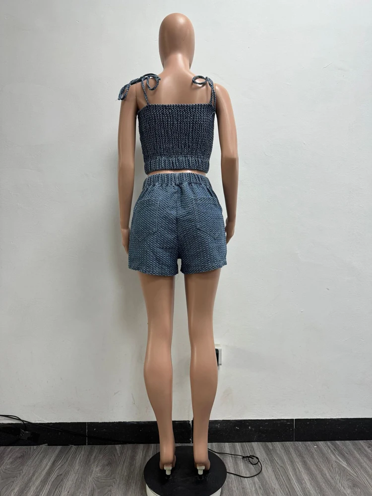 Sexy Jeans-Outfit für Damen, ärmellos, Träger, bauchfreies Top, Shorts, Anzug, 2025, Sommerkleidung, lässig, Denim, kurz, zwei 2-teiliges Set – Detail 10