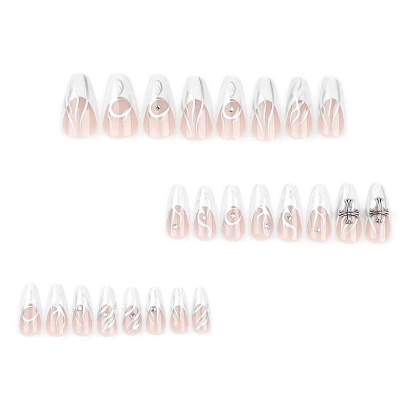 24pcs French Style White Cross Press on Nail Silver Flame Diamond Decoration Fake Nail for Women&Girl Removable Wearable Nails