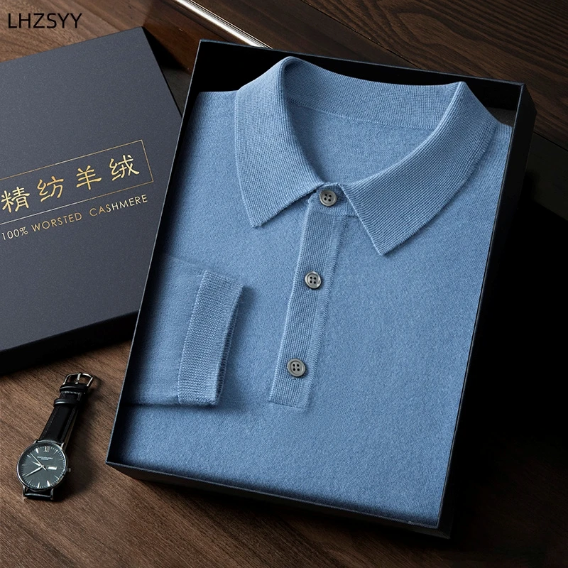 

LHZSYY High-End Worsted Men's 100% Pure Goat Cashmere Lapel Sweater Long-Sleeved Thin Pullover Spring Autumn Casual Polo Shirts