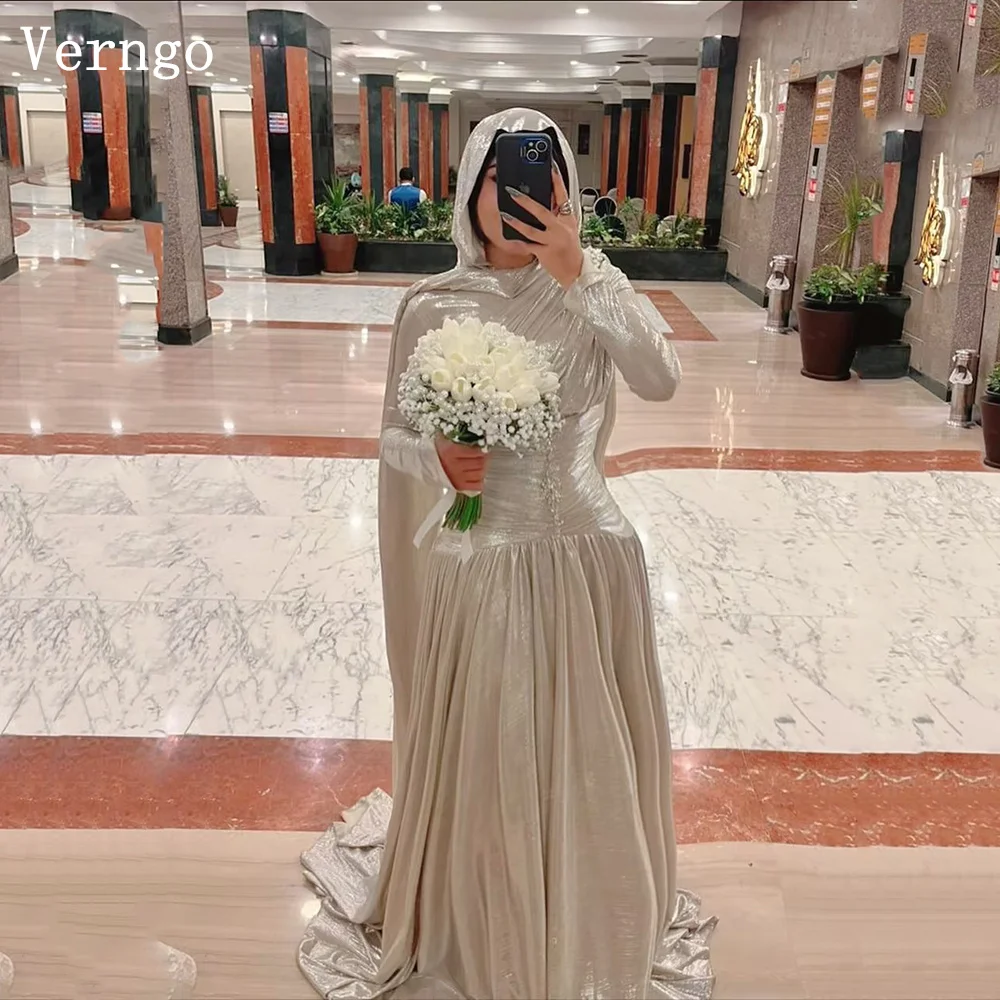 

Verngo Champagne Shiny Sequined Evening Dress High Neck Full Sleeves Formal Occasion Dress Women Modest Prom Gown Customized