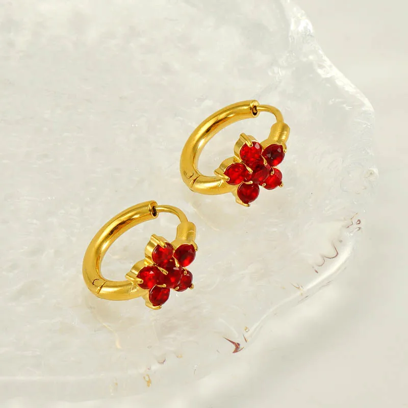 10PCS Zircon Snowflake Niche 18K Stainless Steel Simple Red Flower Earrings for Women Hoop Earrings Jewelry Gifts Wholesale