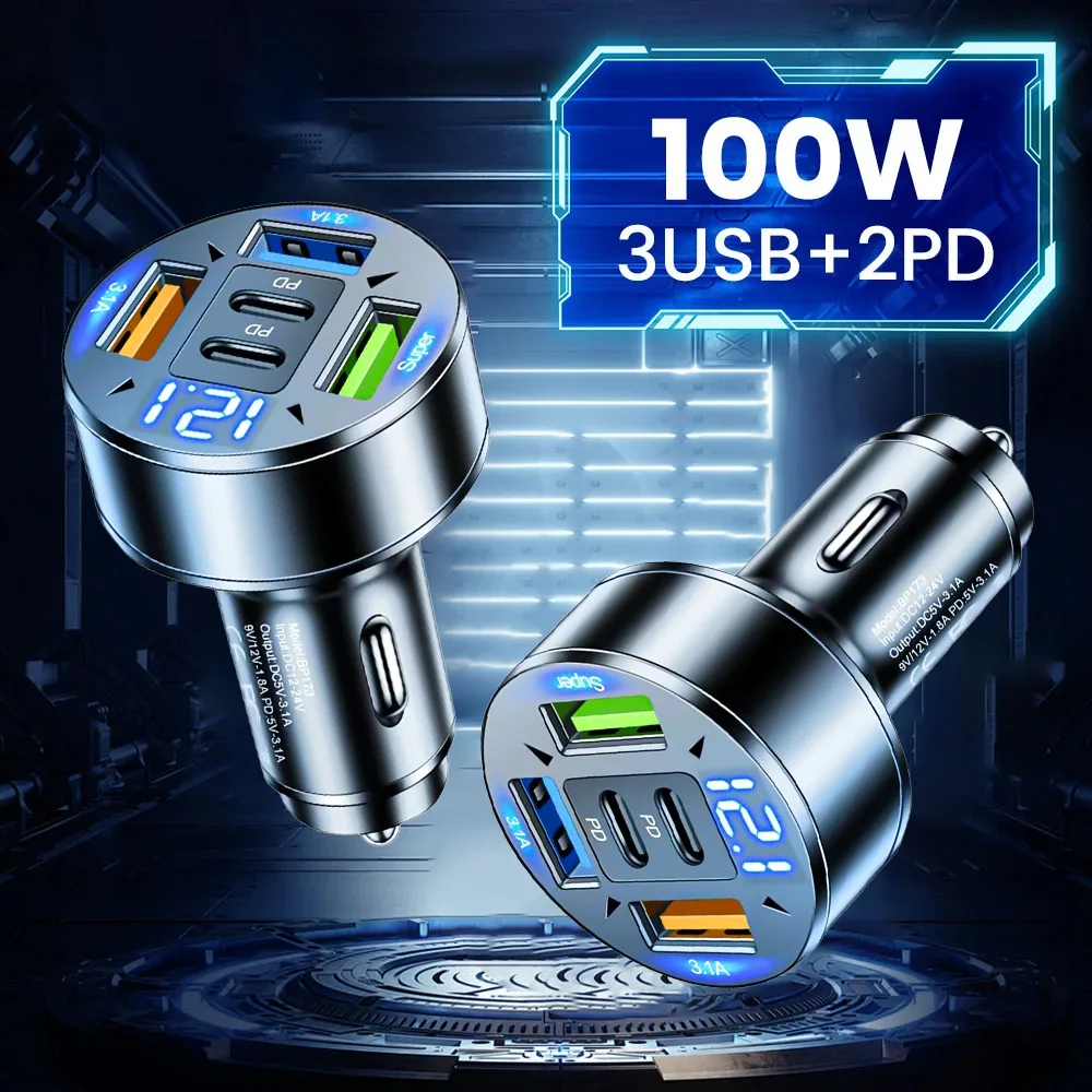 100W 5 Ports USB Car Charger Quick Charge PD For Xiaomi iPhone 12 13 14 Pro Sumsung Fast Charging Car Phone Type C Charger