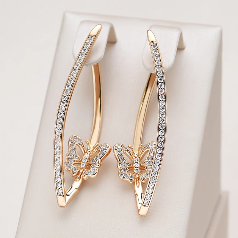 Kinel New Fashion Geometric Butterfly Earrings 2022 Micro Inlay Natural Zircon 585 Rose Gold Long Drop Earring Vintage Jewelry