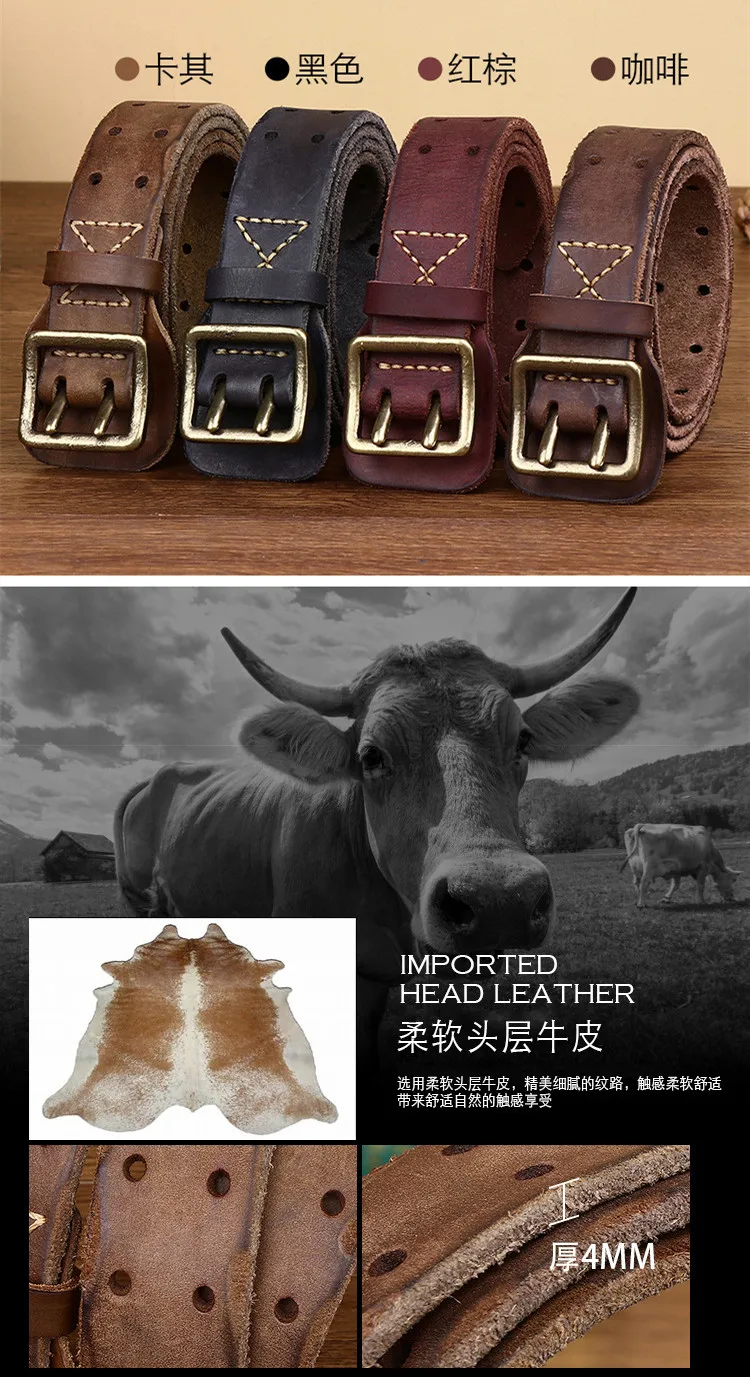 Men 2 Pin Buckle Top Real Full Grain Genuine Leather Belt 38 mm Double Needle Casual Jeans Belt