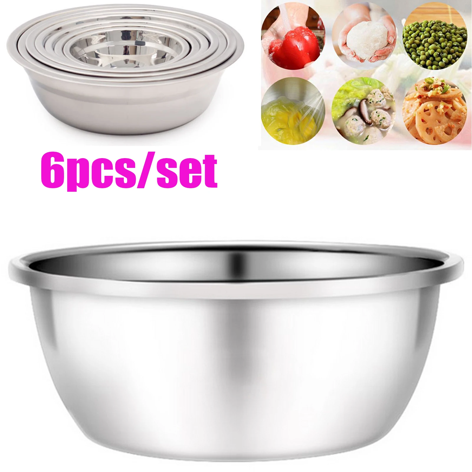 

6pcs Stainless Steel Mixing Bowl Set Large Capacity Food Safe Rustproof Non-Slip Soup Pot Flat Base Stackable Dishwasher Freezer