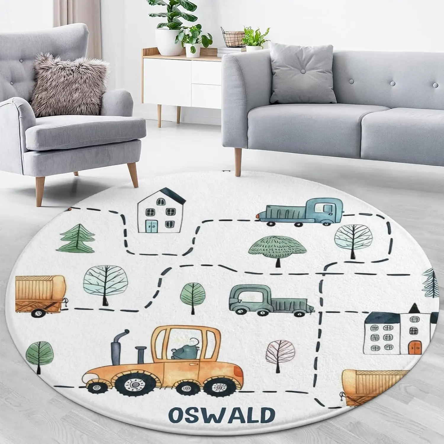 Whimsical Round Polyester Area Rug for Nursery Kids Room Playroom Floor Carpet Decor Cartoon Road Theme House Vehicles Mat