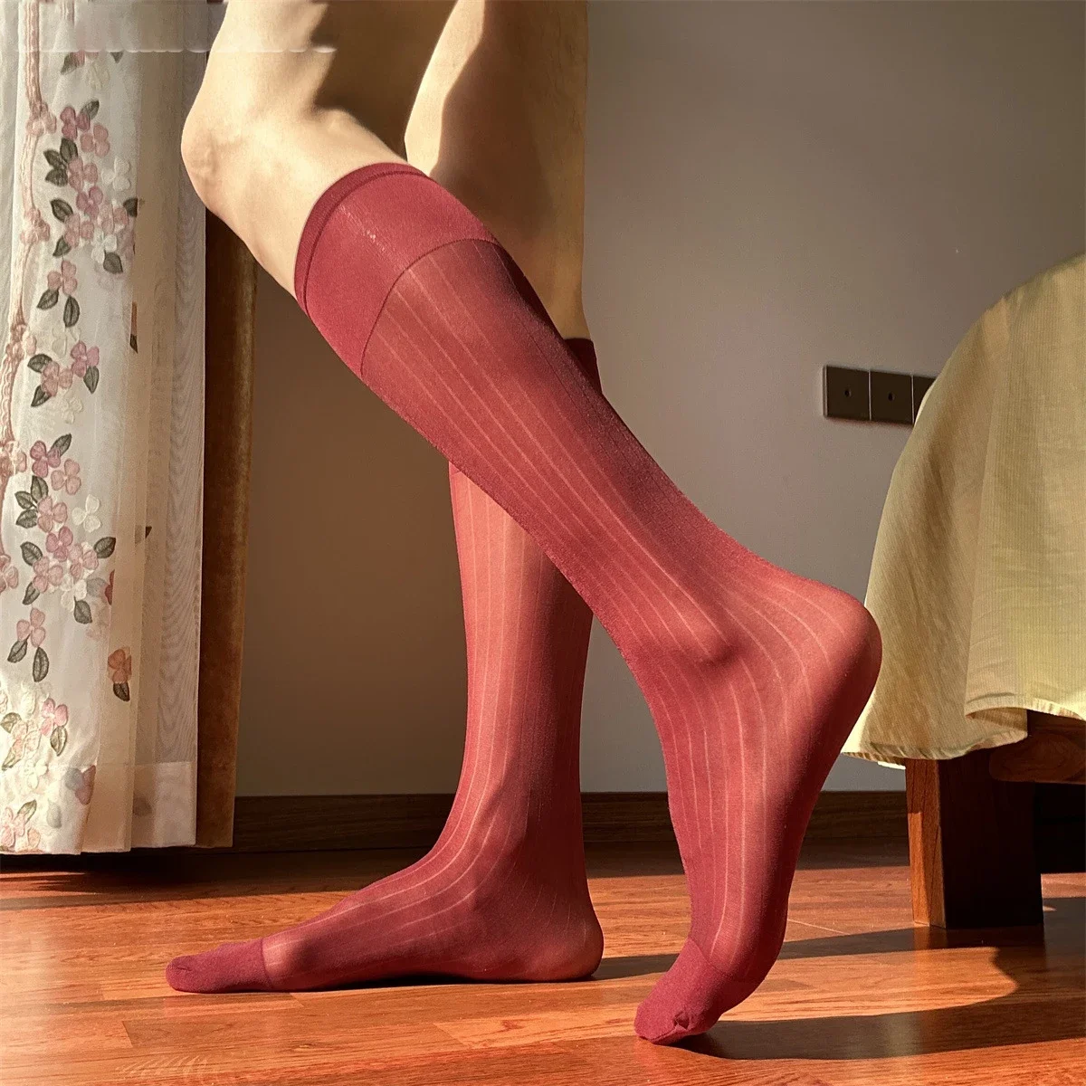 Men\'s Ultra Thin Silk Sheer Business Stockings Soft Nylon Work Trouser Sox Mid Calf High ELastic Striped Hose Stocking