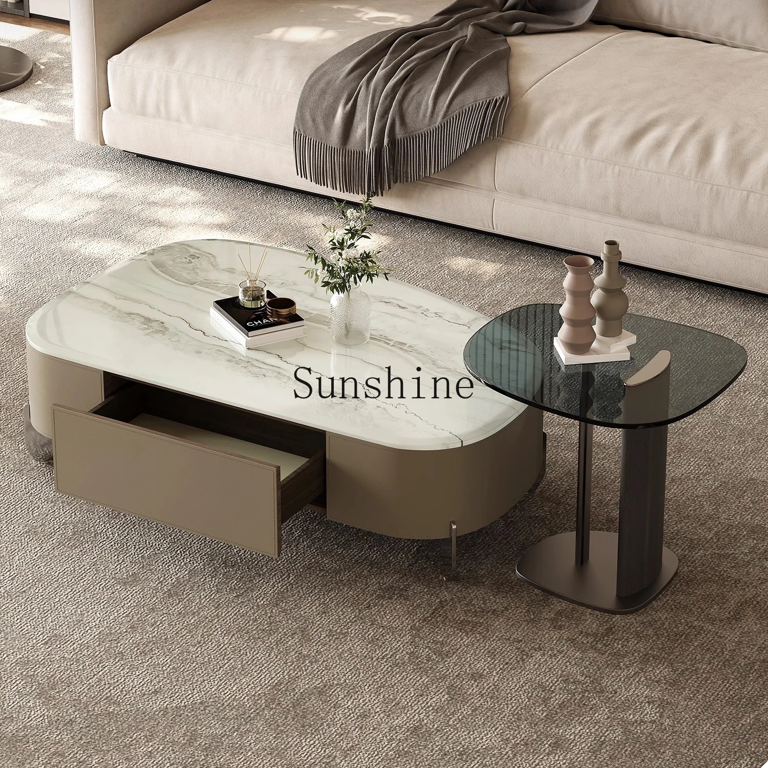 Light luxury modern marble special-shaped small apartment living room high-end tea edge several combinations